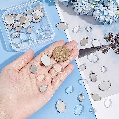 UNICRAFTALE 30 Sets Oval Cabochon Pendant 304 Stainless Steel Blank Bezel Charms Trays Settings with Oval Glass Cabochons Bezel Blanks Tray for Photo Pendant Craft Jewelry Making - Image 2