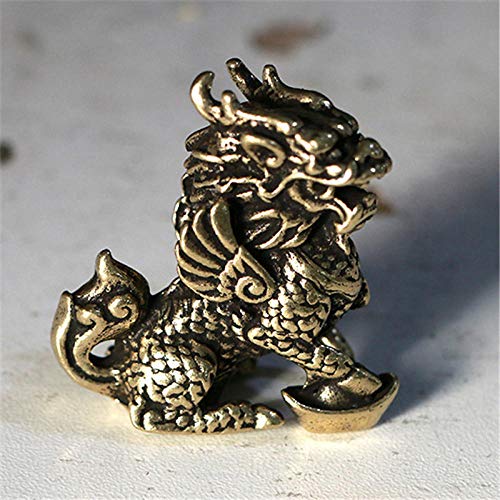 Statue Qi Lin bête mythique bronze : ornement animaux cuivre Feng Shui pour décoration maison vintage