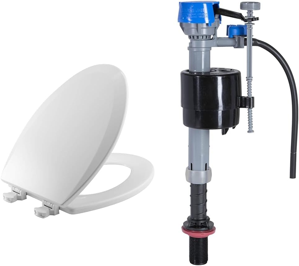 Bemis 1500EC 390 Lift-Off Wood Elongated Toilet Seat, 1 Pack, Cotton White & Fluidmaster 400H-002 Performax Universal Toilet Fill Valve High Performance Tank and Bowl Water Control, 1-Pack, Multicolor