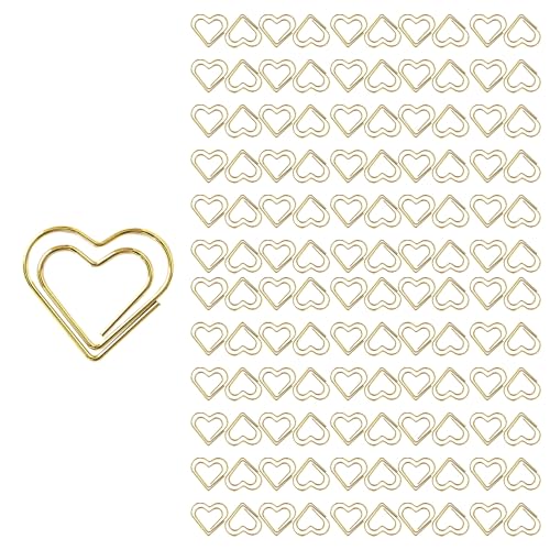 COACOM Lot de 120 trombones en forme de cœur pour décoration de mariage, cartes postales, trombones dorés pour documents, organisation du papier (or rose,...