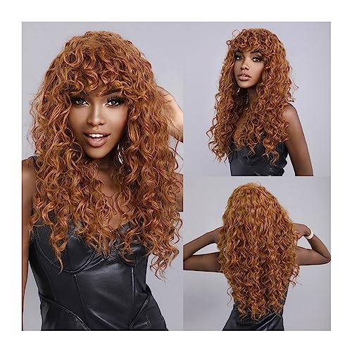 Perruque rousse longue bouclée avec frange en fibres synthétiques