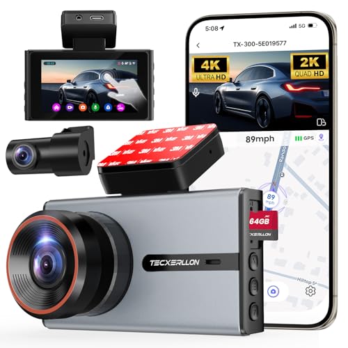 Image of TECXERLLON 4K Dash Cam with ADAS Assist, 3.6 inch IPS Touchscreen, Built-in GPS & 5G WiFi, G-Sensor, Dash Camera with Starlight Night Vision, 170 /150 Wide View, 24H Parking, Free 64GB Card Included