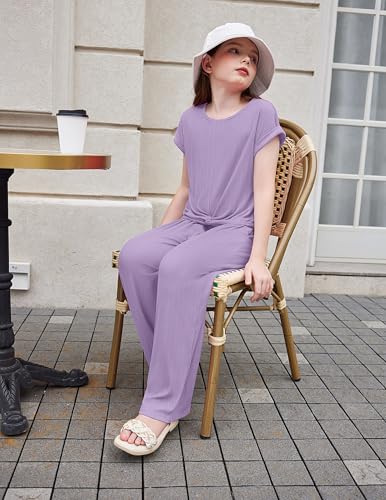 Image of Arshiner Girls Summer 2 Piece Outfits Ribbed Short Sleeve Twist Front Tops and Wide Leg Pants Kids Loungwear Set Tracksuit