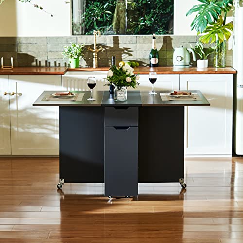 Vonluce Modern Folding Dining Table, Drop Leaf Dining Table & Expandable Kitchen Table With Drawer & Storage Shelves, Rolling Space Saving Dining Table By 6 Wheels, Gray & Wood Grain Transformer Table #TOP6