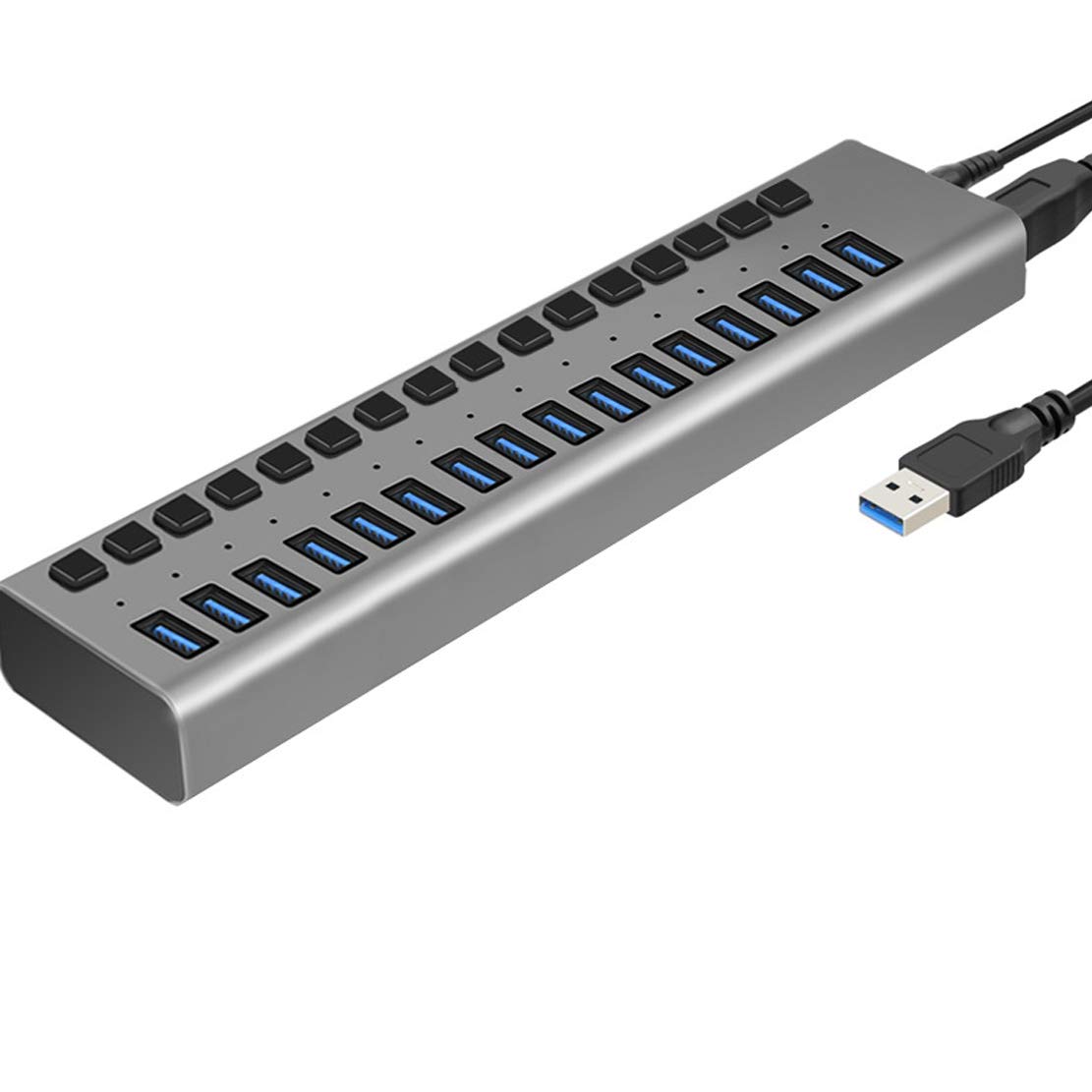 Hub USB 3.0 10 13 16 Ports en Aluminium avec Adaptateur Secteur et câble de données pour Windows et Mac PC avec Marche/arrêt