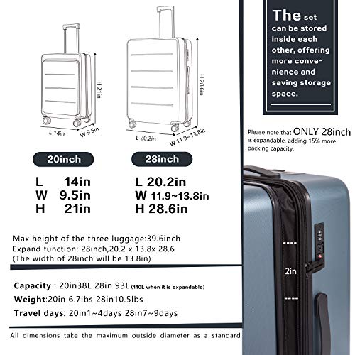 COOLIFE Luggage Suitcase Piece Set Carry On ABS+PC Spinner Trolley with pocket Compartmnet Weekend Bag (Titanium gray, 20in(carry on))