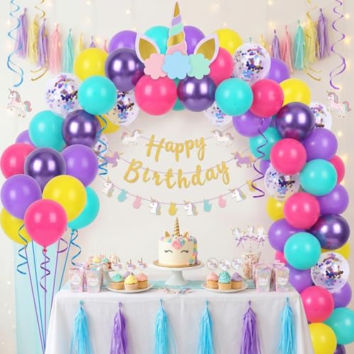 Image of RUBFAC Pink and Purple Balloon Bithday Balloons, 65pcs 12 Inches Purple Metallic Teal Yellow Confetti Party Balloons for Magic Hunters Theme Birthday Baby Shower Decoration