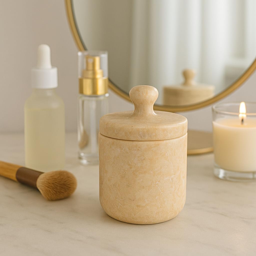 Creative Home Natural Champagne Marble Notch Collection Cotton Ball, Swab Holder Bathroom Storage Jar Container Organizer, 3.5" Diam. x 3.8" H, Beige
