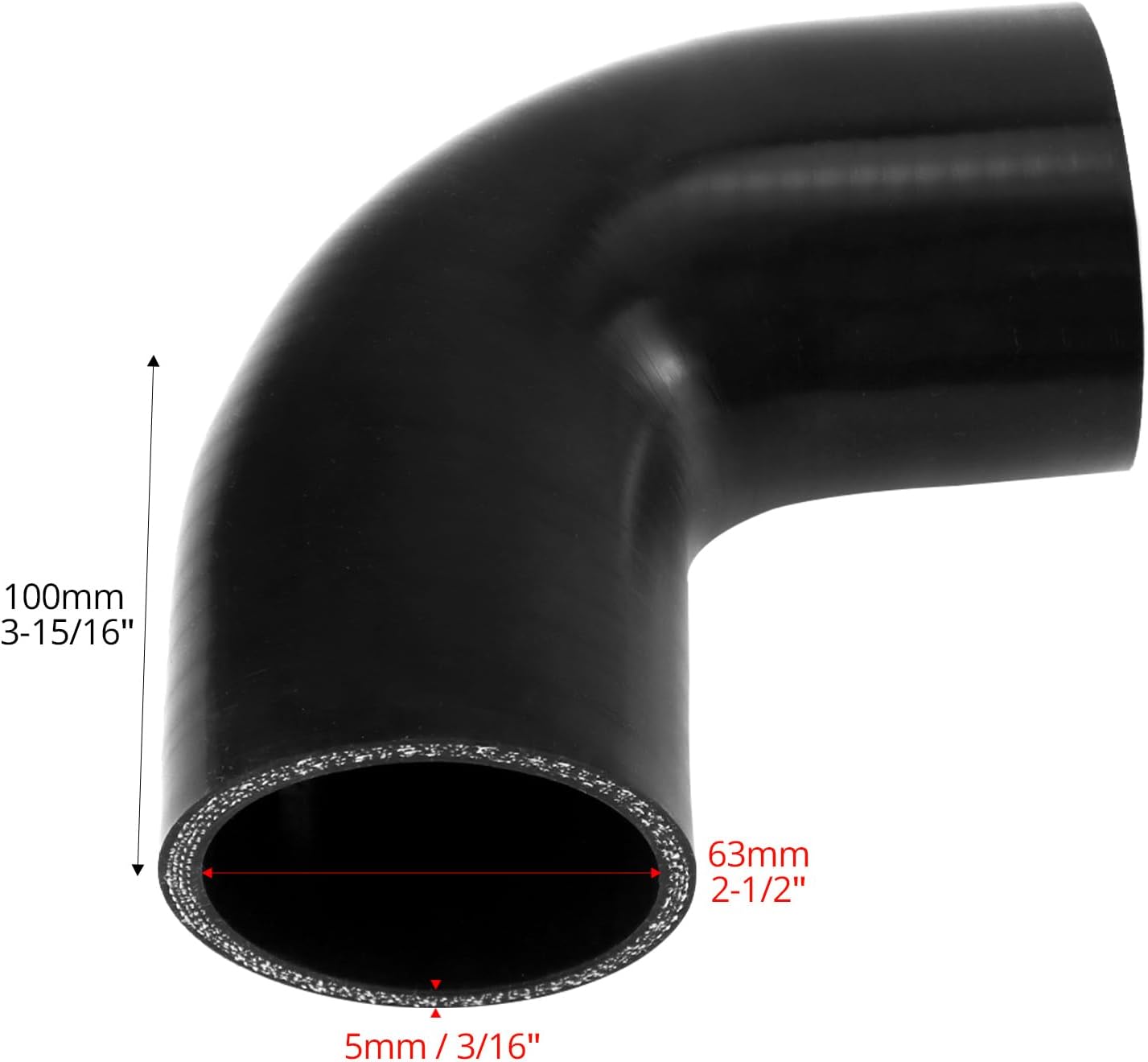 QWORK 90 Degree Elbow Silicone Hose, 2.5" ID 4-Ply Reinforced Silicone Hose for Turbo, Intercooler and Intake, 4" Long