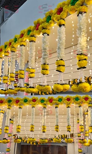 Image of S2S Plastic Artificial White Gajra Jasmine & Marigold Flower Strings | Beautifully Crafted Artificial Flower Strings | Perfect For Diwali, Ganpati & Pooja, Temple, Mandir Decoration (Pack Of 5)