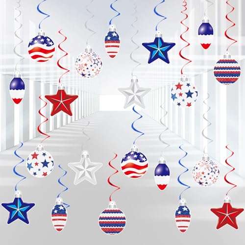 Image of 48 PCS 4th of July Hangings Swirl Decorations, Independence Day Patriotic Party Supplies, No DIY Ceiling Streamers Decor for Holiday Birthday Wedding Veteran Day Tree Red White Blue Decorations