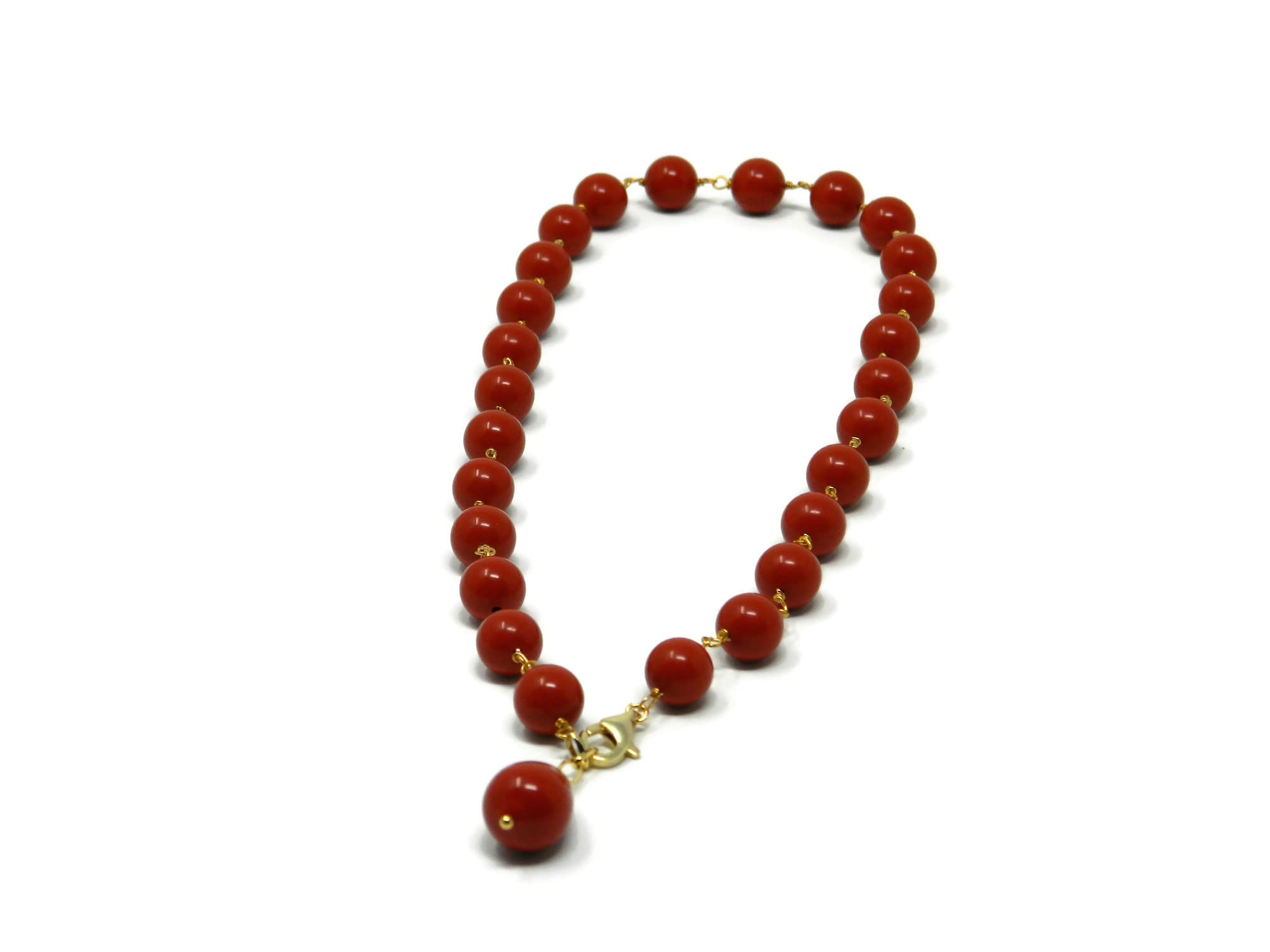 Collana Donna Girocollo con Palline 12 mm e Goccia in Pasta di Corallo Rosso Sardegna – Argento 925 Placcato Oro – Handmade in Italia – Elegante, Anallergica – DodiGioielli