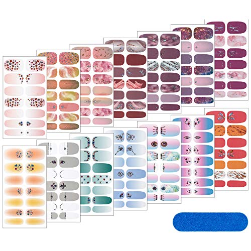 14 Sheets Full Wrap Gradient Nail Polish Stickers Self-Adhesive Nail Art Decal Strips Manicure Decoration Kit with Nail File for Women Girls DIY Supplies (3D Rhinestone Series)