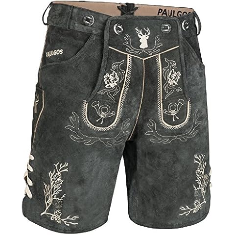 PAULGOS Herren Trachten Lederhose + Träger, Echtes Leder, Kurz in 3 Farben Gr. 44-60 HK3 (54, Grau) Cover