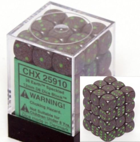 Chessex Dice d6 Sets: Earth Speckled - 12mm Six Sided Die (36) Block of Dice