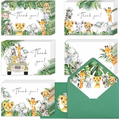 Yuzioey 50PCS Safari Thank You Cards, 4x6 Jungle Animals Thank You Notes with Matching Envelopes & Stickers, Greenery Notecards, Jungle Baby Shower...
