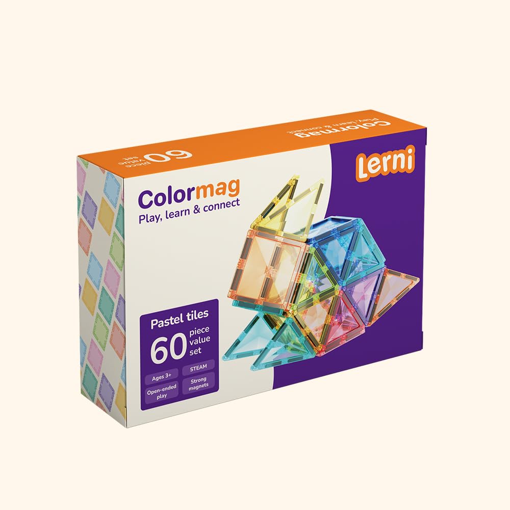 LERNI COLORMAG Magnetbausteine 60 Teile – Magnetisches Konstruktionsspielzeug für Kinder ab 3 Jahren, Mint Lernspielzeug mit Ideenheft, Pastell