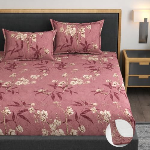 Image of Premium Heavy Cotton Elastic Fitted Bedsheets with 2 King Size Pillow Covers | Diwan Bed with All Around Elastic 350 TC | 48 x 78 x 8 Inch Diwan Size Fitted | :- Maroon Flower