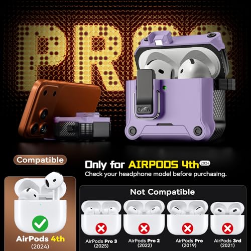 Image of Inesore for AirPods 4 Case with Secure Lock (Purple) | Phone Stand Design,Compatible with MagSafe,Automatic Snap Switch Secure Cover with Cleaner Kit & Keychain