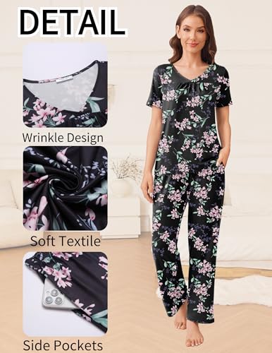Ekouaer Pajama Sets for Women 2 Pack, Short Sleeve with Long Pant Pjs Sleepwear Comfy Lounge Sets with Pockets - Image 3