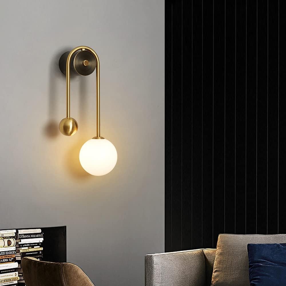 Modern Home Decoration Brass Black Gold Wall Sconce Milk Glass Globe Lamp Shade Mid Century Modern Wall Mounted Light Hardwired Farmhouse White Ball Lighting Fixture for Bedroom Copper