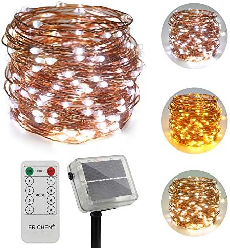 ErChen Dual-Color Solar Powered LED String Lights, 33FT 100 LEDs Remote Control Color Changing 8 Modes Copper Wire Decorative Fairy Lights for Outdoor Garden Patio (Warm White, Blue)