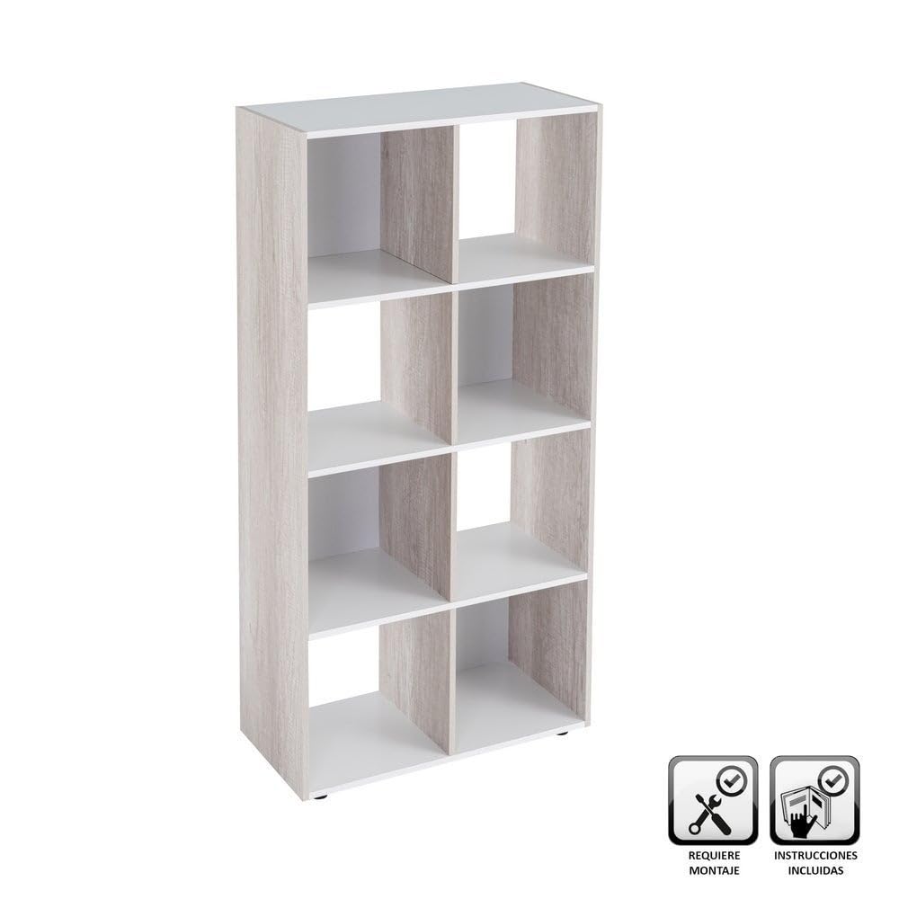 Estantería Cubo 8 huecos de laminado blanco y roble claro de 120x60x30 cm | Tablero laminado de 12 mm. Soporta 10 kg por balda. Patas regulables en altura. Medida interior de cada hueco: 28x29x28 cm