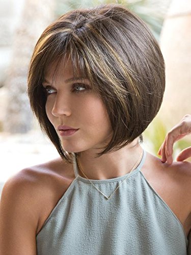 Jolie Wig Color Toasted Brown - Short Modern Bob Monofilament Top Synthetic Side Part Bundle w/Comb, MaxWigs Hairloss Booklet