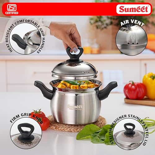 Image of Sumeet ISI Certified Stainless Steel Cook & Serve Pineapple Shape Handi /Cooking Pot with Steel Lid |Induction and Gas Compatible | Capacity - 2000ml -Dia - 17cm, Silver