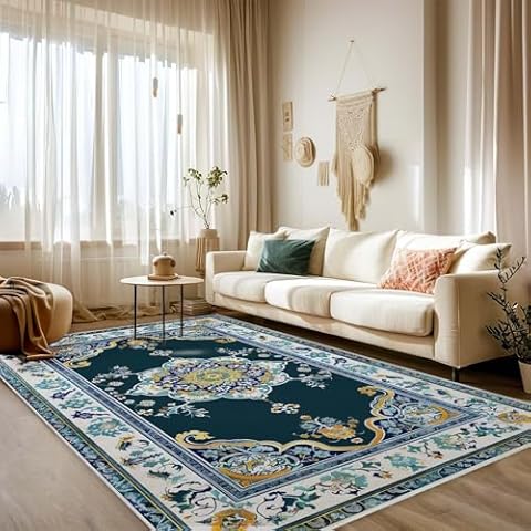 Area Rug 3x5 Boho Navy Blue Vintage Large Carpet Non Slip Washable Indoor Rugs for Home Kitchen Living Room Bedroom Dining Room Office Cover