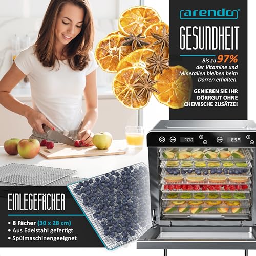 Arendo - Dörrautomat Edelstahl mit 8 Edelstahlgitter - 700 W - 35°-85°C - 8 Edelstahl Einlegetabletts mit insgesamt 6700 cm² - Dörrgerät Dehydrator Obsttrockner Dörrapparat - Obst Fleisch Pilze uvm – Bild 6