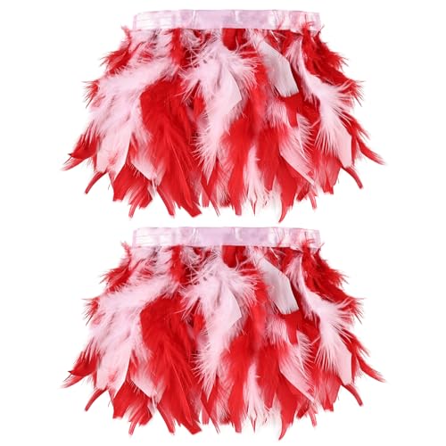 whitefeather 4 Yards Turkey Feather Trim - 4~6in Fashion Dress Sewing - Natural Fluffy Feather Trim Fringe for Party Clothing DIY Sewing Craft Wedding Dress (red&White)