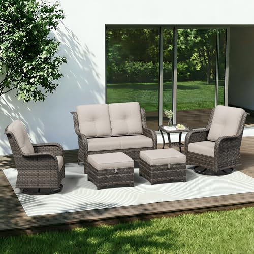 Image of 6 Piece Outdoor Wicker Patio Furniture Set, Outdoor Swivel Rocker Patio Chairs Set with Thickened Olefin Cushions, High Back and Deep Seating, Hand-Woven PE Rattan for Porch, Deck