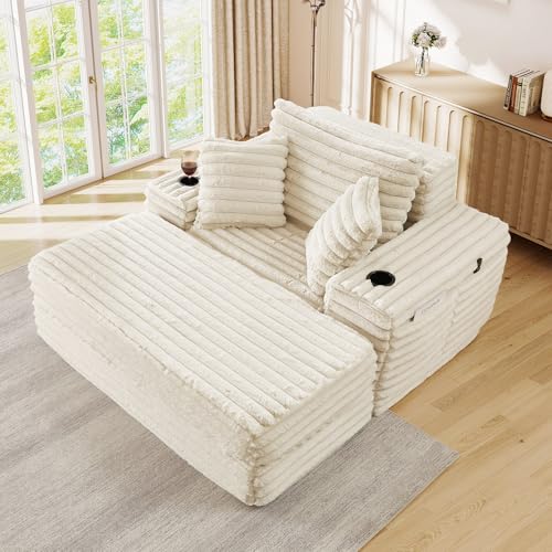 Image of 5-In-1 Oversized Chaise Lounge Chair Indoor with Ottoman,54.5 inchW Faux Fur Convertible Folding Sleeper Sofa Bed with Cup Holder&Side Pocket,Comfy Boneless Couch Sofa Chair for Living Room,Bedroom(Beige)