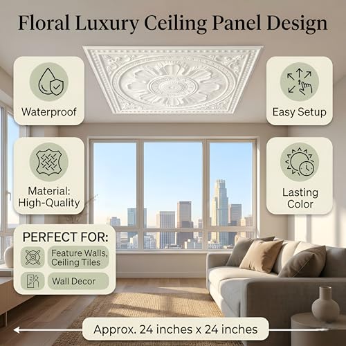 Image of Kayra Decor PVC Ceiling Panel 2x2 Feet (60x60 cm) - Regal Ornate Design, White | Pack of 12 3D Decorative Ceiling & Wall Panels | Waterproof Home Interior Decor
