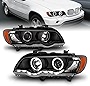 AmeriLite Black LED Bar Dual Halo Projector Replacement Headlights Set for 01-03 BMW X5 E53 - Passenger and Driver Side