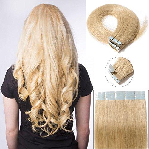 16"-22" Tape in Hair Extensions Skin Weft Real Remy Human Hair Straight 20pcs 30g per pack (20"-30g,#613 Bleach Blonde)