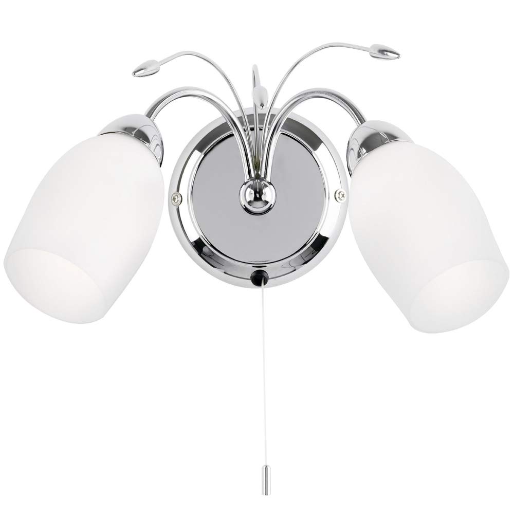Loops Light/White 2X 40W E14 | 205Mm Over Hang Twin Wall | Chrome & Frosted Glass Shade | Modern Pretty Curved Arm Down Facing Fitting | Living Room Lounge Bedroom Bedside Feature Lamp | Led & Dimmable