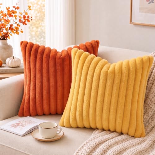 Image of Pallene Faux Fur Plush Fall Throw Pillow Covers 12x20 Set of 2, Luxury Soft Fluffy Striped Decorative Pillow Covers for Sofa, Couch, Living Room, Rust