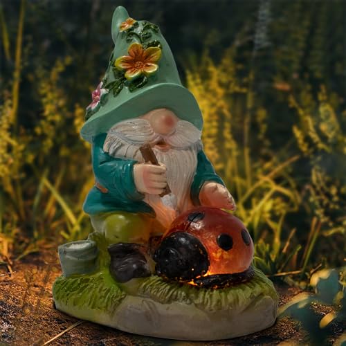 PkYbrkt Garden Solar Gnomes Outdoor Statues with Ladybug Flower Gnome Outdoor Decor for Patio, Balcony, Lawn, Yard Ornament - Garden Gifts for Mothers Day, Housewarming, Festival