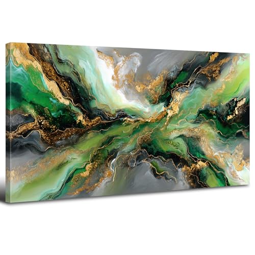 AREBOLO Abstraite Vert Tableau Decoration Murale Encadré Grande Toile Peinture Minimaliste Marbre Aquarelle Vert Gris Or Decoration Murale Salon Maison Deco...