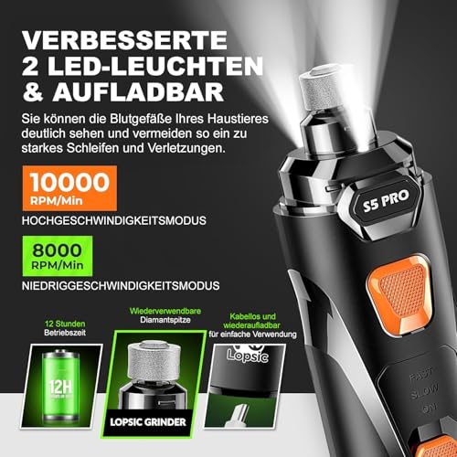 Wismika Hund Nagelfräse: Super Leise, 2 LED Lichter & 2 Geschwindigkeiten für sicheres Schneiden | Wiederaufladbarer Krallenschleifer mit 3 Schleifaufsätzen & Zubehör | Für Hunde und Katzen Aller