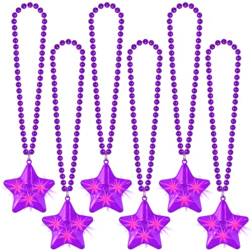 NUDALA 6 Pack Purple LED Glow Star Necklace Bulk Beaded Necklaces for Halloween Christmas Decorations Mardi Gras Party Favors