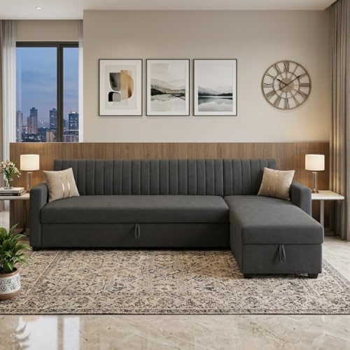 Image of CASASTYLE Kyagar 6 Person Seating RHS L Shape Sofawith Pull Out Bed & Storage Lounger | Premium Soft Velvet Suede Fabric | Comfort Cushions | Ideal for Living Room, Hotel & Office (Dark Grey)