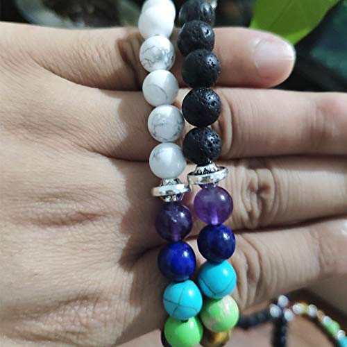Black Lava Agate Stone Bracelet Stretch Natural Chakra Gemstone Beads Pineapple Charm Bracelet Bangle With Elastic Rope String Yoga Jewelry For Women Girls 2Pcs(Lava Chakras+Matte Agate Chakras) #TOP5