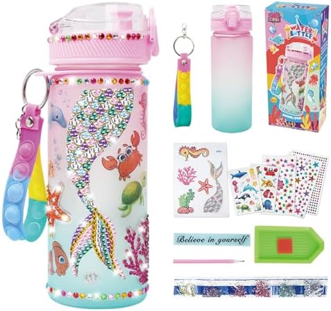Decorate Your Own Water Bottle Kits for Girls Age 4-13, Mermaid Gem Girls Diamond Painting Crafts, Arts and Crafts Kits Toys Birthday Gifts for 4 5 6 7 8 9 10 Year Old Girls Kids (Mermaid 600ml)