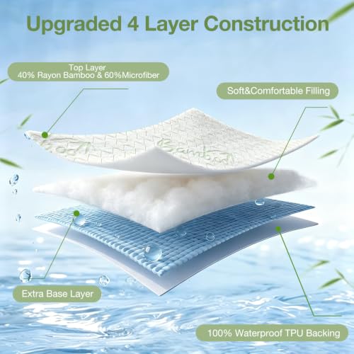 Image of Twin XL Waterproof Mattress Protector 2 PACK Washable Mattress Padded Cover Rayon Bamboo Fitted Bed Protection Noiseless Plastic Back School Bed Pad Deep Pocket Up 18 inch Soft&Breathable for College Dorm