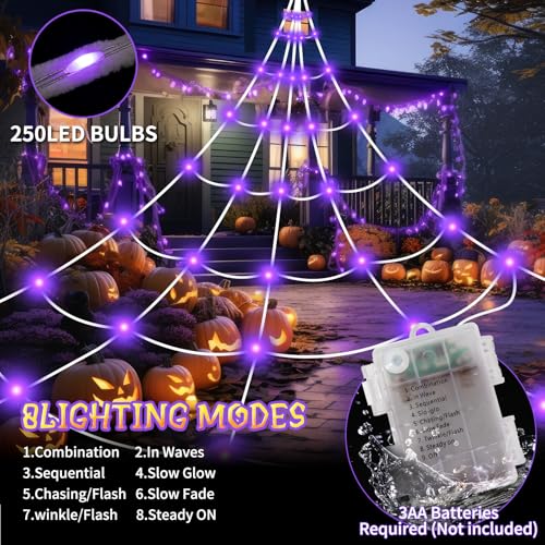 Spider Webs Halloween Decorations Outdoor Lights, 250 LED 16.4ft Halloween Spider Web Lights with 6.5ft Giant Spider,8 Modes, Waterproof Outdoor Decoration Indoor Party Garden Home Costumes