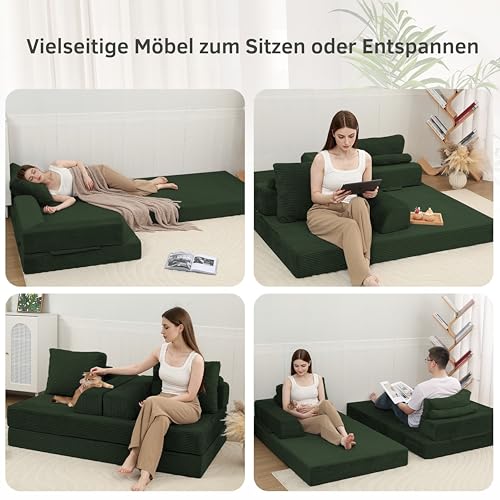 MeMoreCool Boneless Sofa Bett aus Cord – Boden Schlafsofa Convertible Futon mit Kissen, Bequeme Schaumstoff-Matratze, Vielseitige Lounge Cloud Couch für Wohnzimmer & Schlafzimmer, Grün
