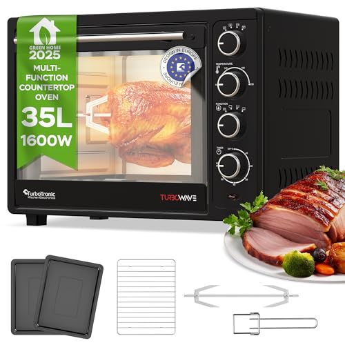 TurboTronic Forno Elettrico da Tavolo con Ventilazione e Girarrosto - 35 Litri, 1600W, Mini Forno per Pizza e Camping, Nero con 2 Teglie